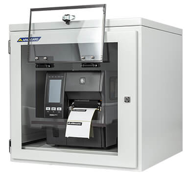 Støvbeskyttet Zebra ZT600 printerskab i blødt stål med installeret industriprinter